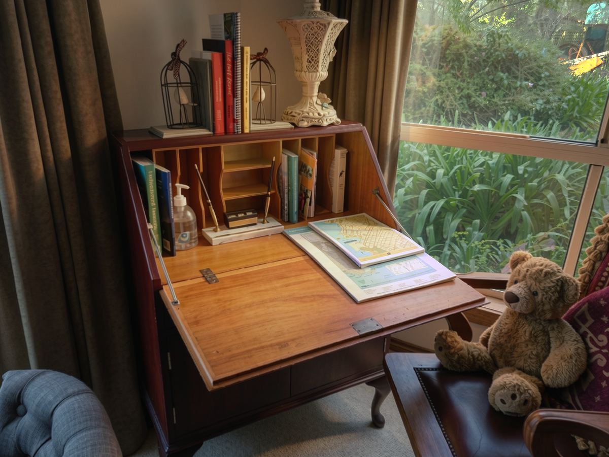 The writing bureau, with a teddy bear in the chair