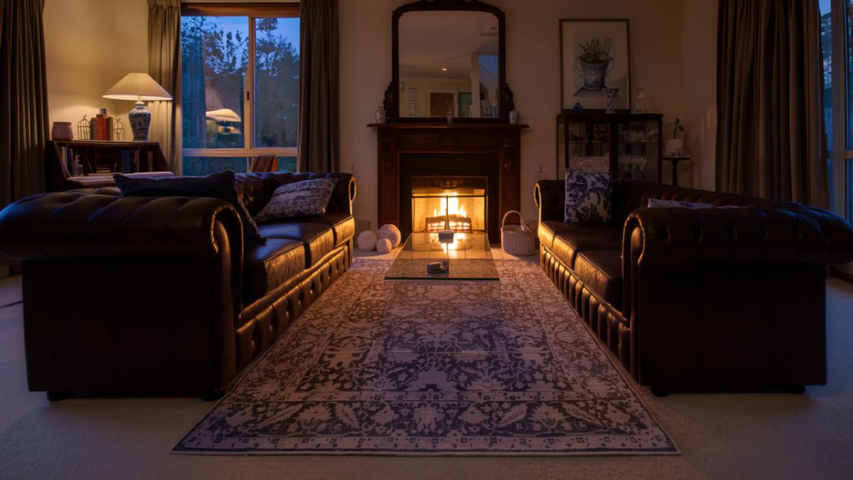 The sitting room in the evening, with the fire lit