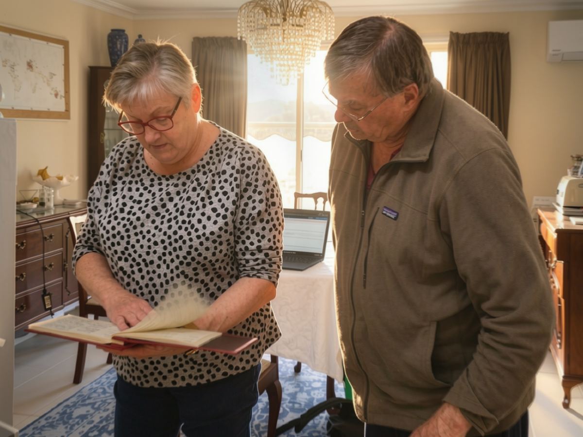 Tim and Leonie looking through the guest book