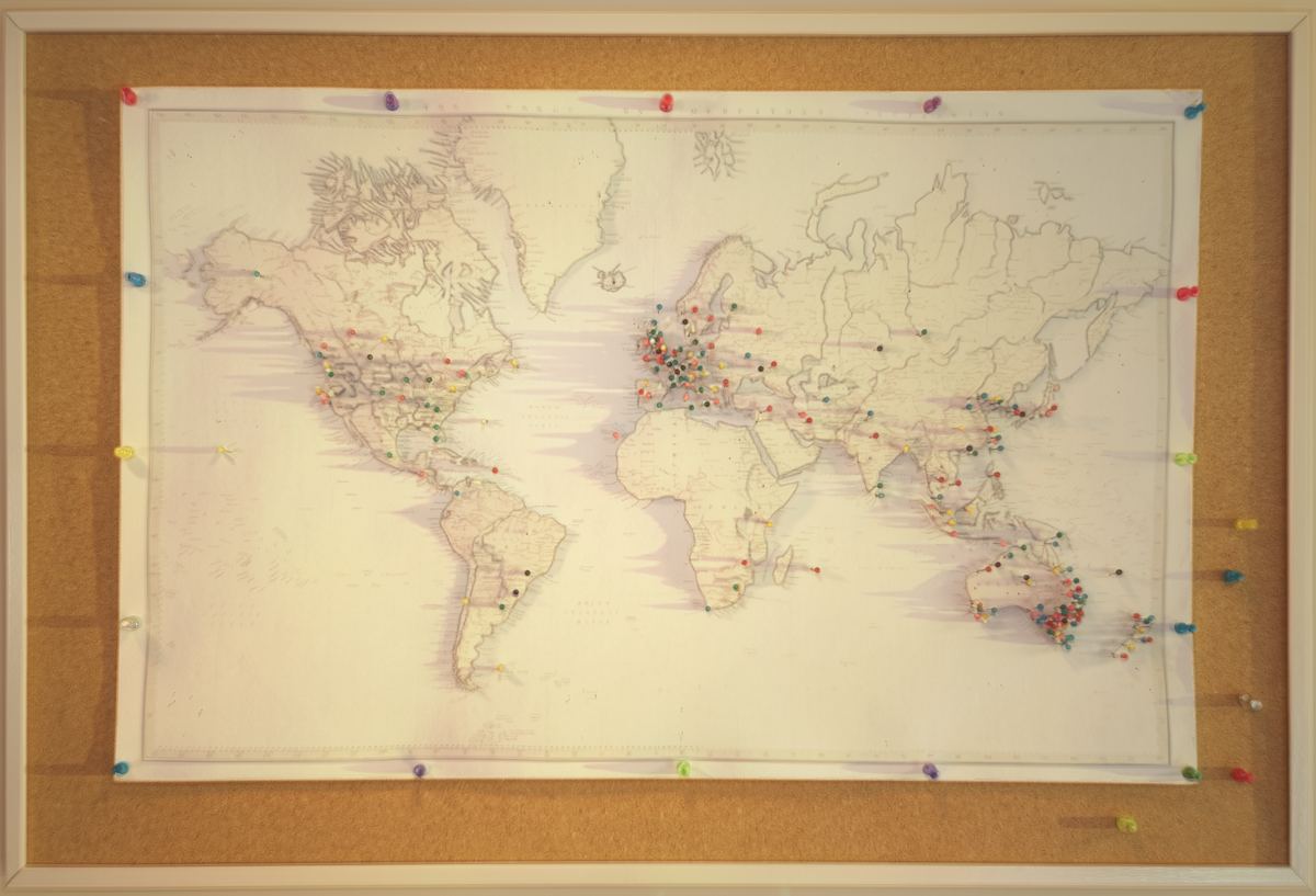 The pin map, with a pin for everywhere a guest has come from