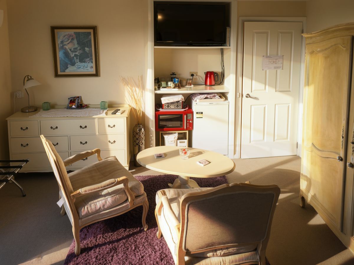 The other side: armchairs, drawers, the fridge and kettle