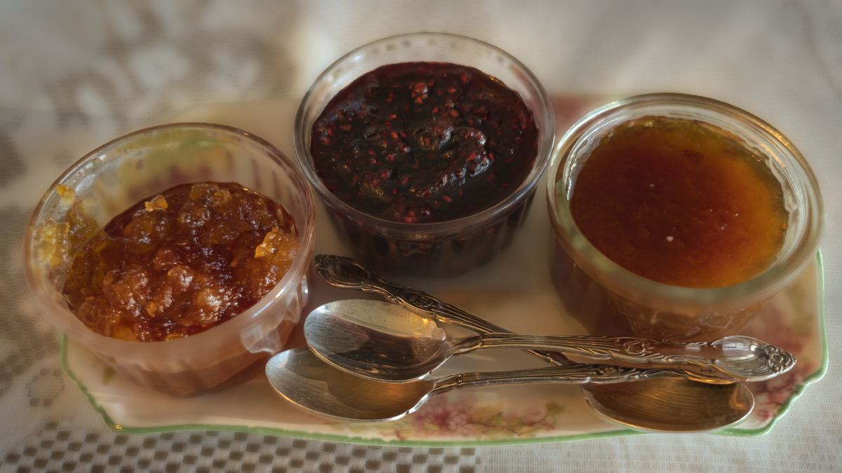 Leonie’s jam — raspberry, apricot, Seville orange marmalade