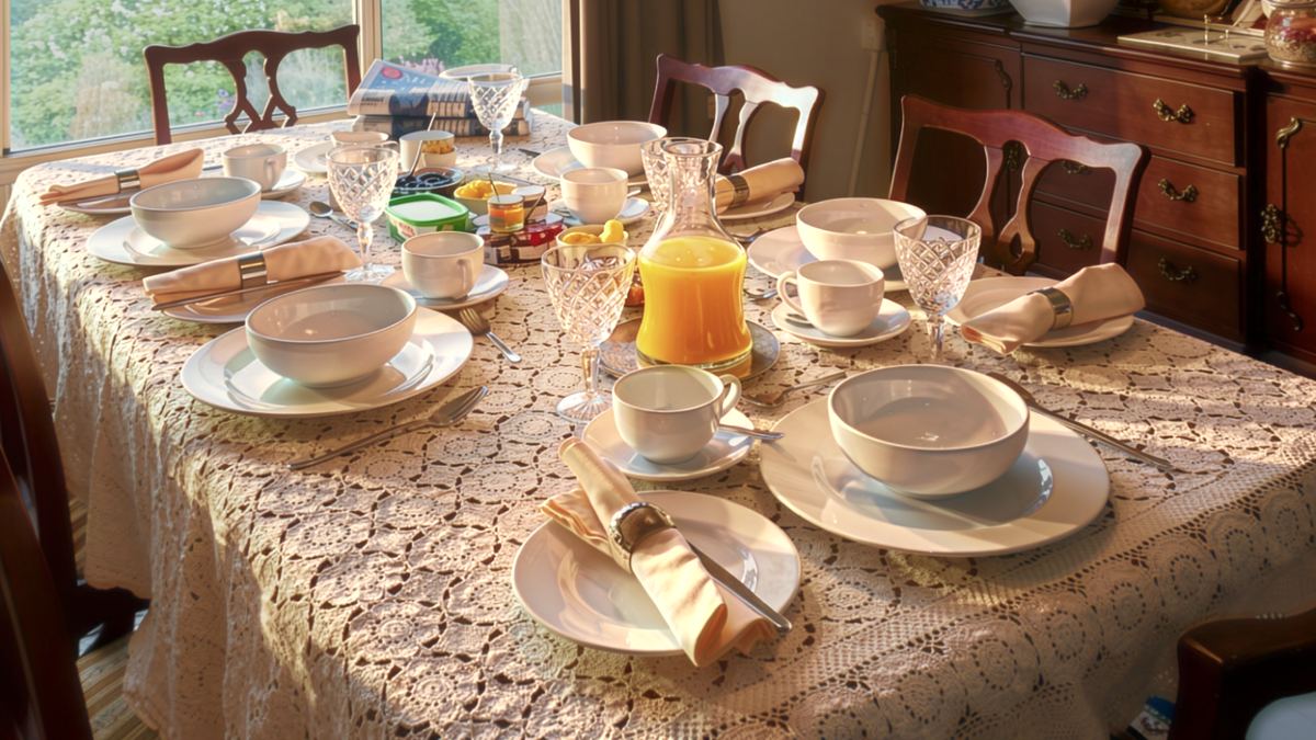 The breakfast table laid with lace, fine china, crystal and fresh juice