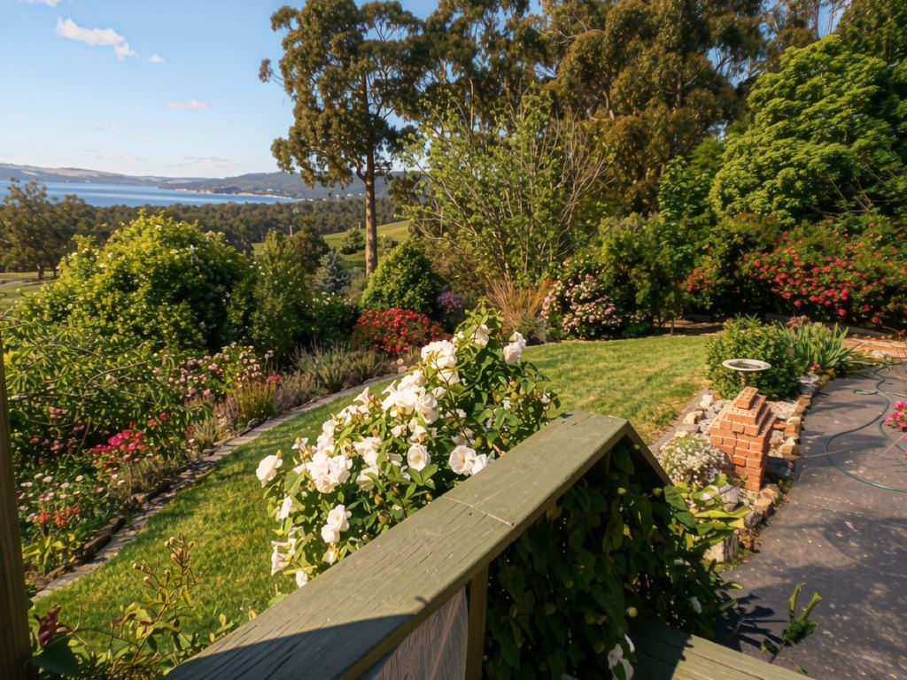 White roses and the garden beds, the water beyond