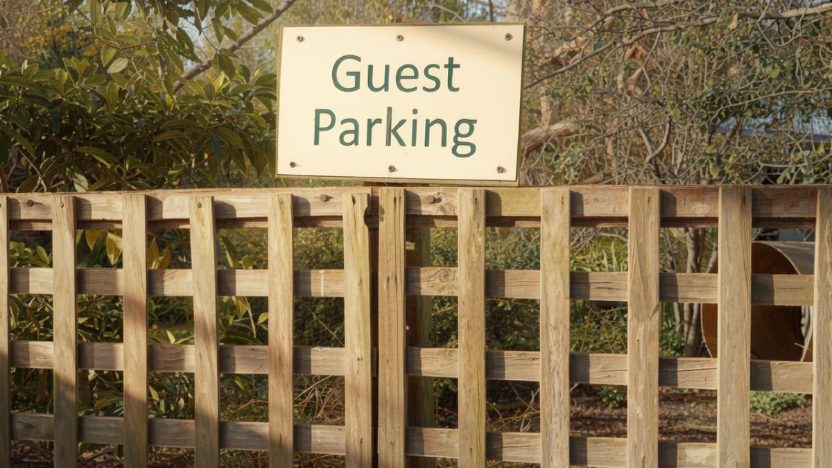 The guest parking sign at the top of the drive