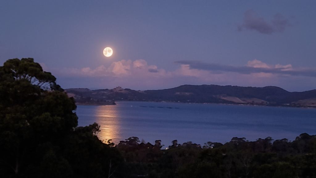 The moon rising over the water