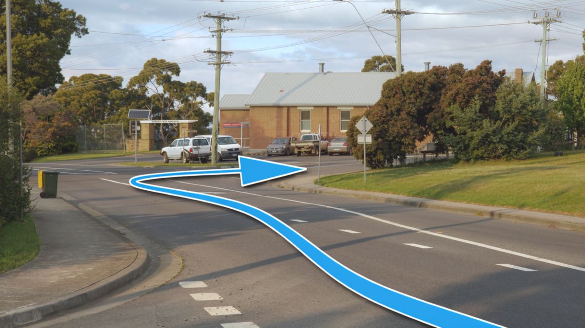 The right turn into Van Morey Road, marked with an arrow